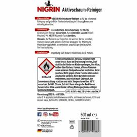 NIGRIN Aktivschaum-Reiniger универсальная активная пена для химчистки ткани, кожи и пластика 500 мл, изображение 2
