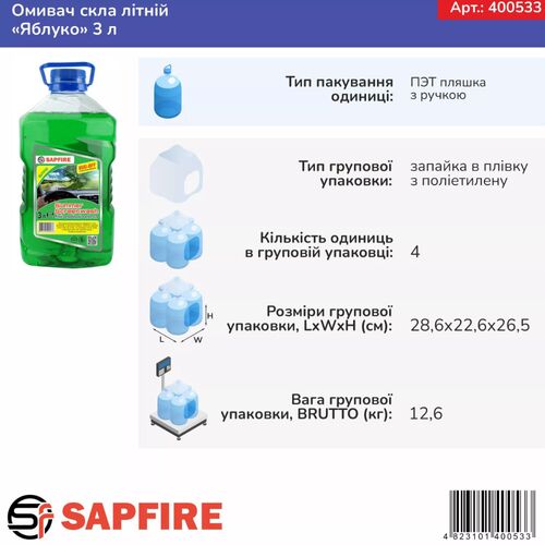 Омыватель стекла летний, 3 л, Sapphire SUMMER SCREENWASH (яблоко) (400533), изображение 2