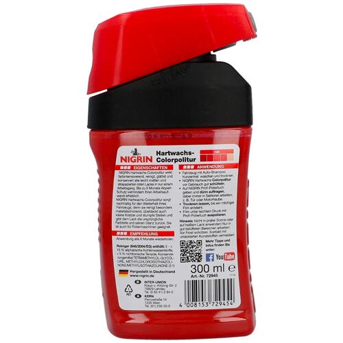 NIGRIN Hartwachs-Colorpolitur Rot червоний однокроковий поліроль з PTFE 300 мл, Колір: Червоний, Кількість: 300 мл, зображення 2