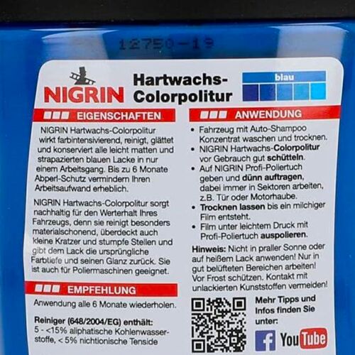 NIGRIN Hartwachs-Colorpolitur Blau синий одношаговый полироль с PTFE 300 мл, Цвет: Синий, Количество: 300 мл, изображение 4
