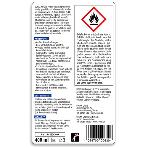 SONAX XTREME Polster+Alcantara Reiniger очиститель для обивки салона и алькантары 400 мл, изображение 11