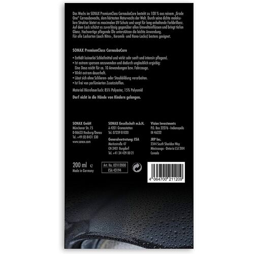 SONAX PREMIUM CLASS Carnauba Care твердый воск карнауба в премиум наборе 200 мл, изображение 6