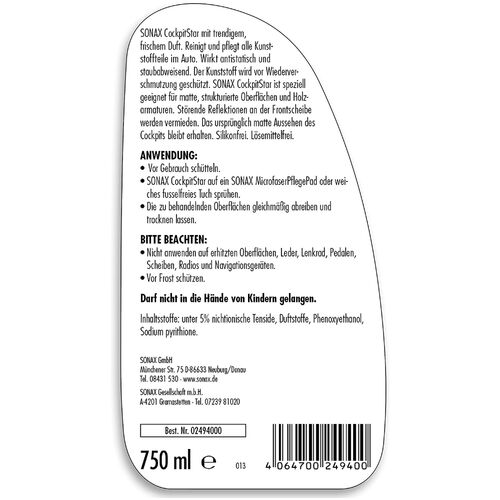SONAX Cockpit Star очиститель-полироль пластика 750 мл, изображение 5