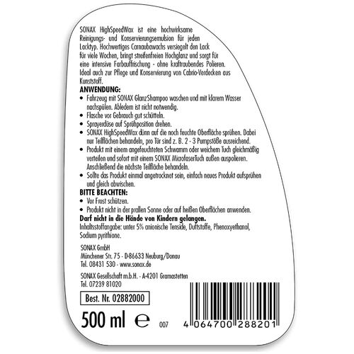 SONAX High Speed Wax быстрый воск для автомобиля 500 мл, изображение 5