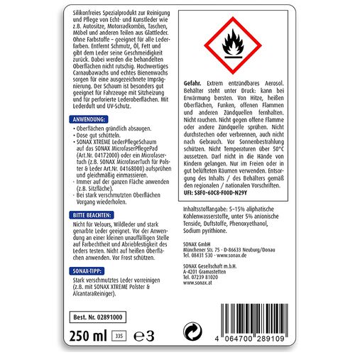SONAX XTREME Leder PflegeSchaum пенный очиститель кожи 250 мл, изображение 10