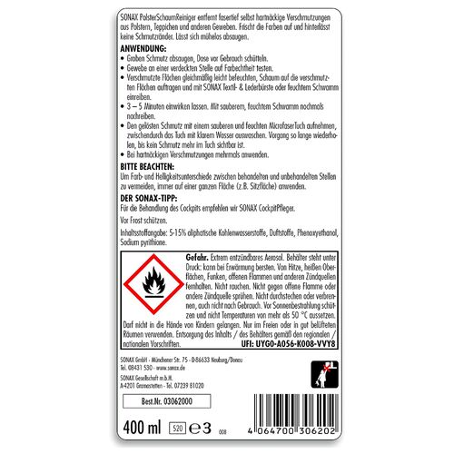 SONAX Foam Upholstery Cleaner пінний очисник плям текстильного салону 400 мл, зображення 5