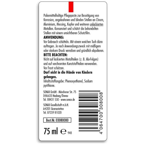 SONAX Chrome+ AluPaste полироль для хрома, алюминия, латуни 75 мл, изображение 6