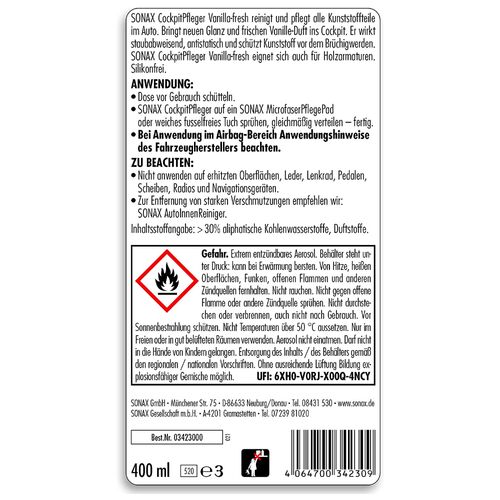 SONAX Cockpitpfleger - vanilla-fresh очищувач-поліроль пластику глянсовий (ваніль) 400 мл, зображення 6