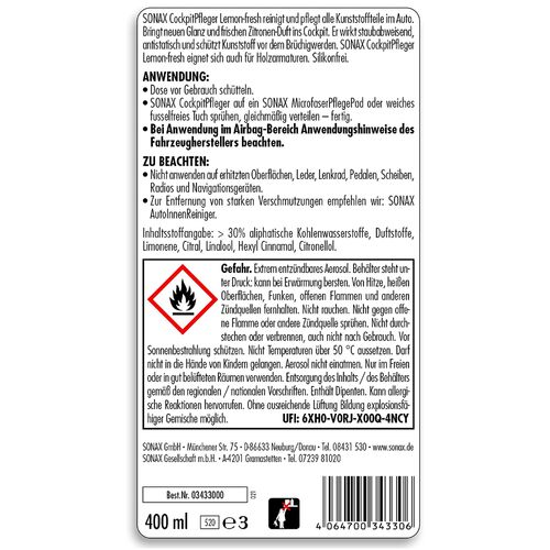 SONAX Cockpitpfleger - lemon-fresh очиститель-полироль пластика глянцевый (лимон) 400 мл, изображение 6