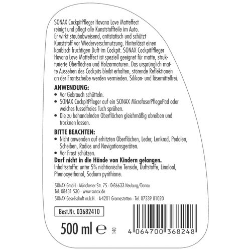 SONAX Cockpitpfleger Havana Love матовый полироль для пластика 500 мл, изображение 3