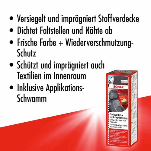 SONAX Soft Top + Fabric Water Proof Impregnation средство для защиты мягкой крыши кабриолета с аппликатором 250 мл, изображение 7