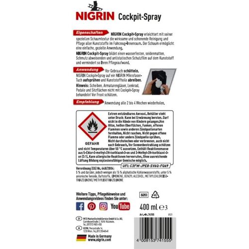 NIGRIN Cockpit-Spray Apfel пенный 45-дневный очиститель протектант для пластика морской бриз 400 мл, изображение 5