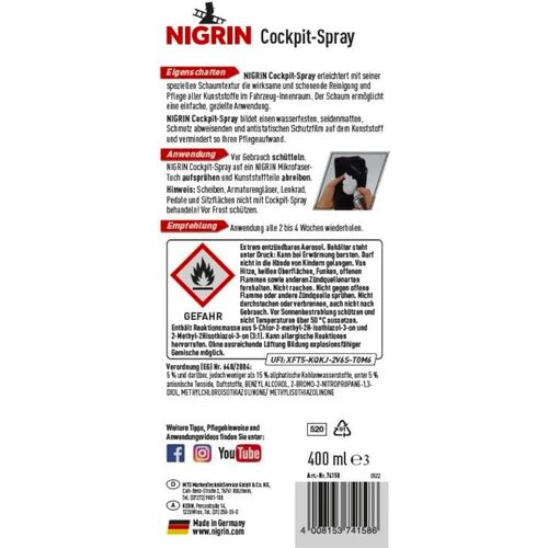 NIGRIN Cockpit-Spray Meeresbrise пенный 45-дневный очиститель протектант для пластика морской бриз 400 мл, изображение 5