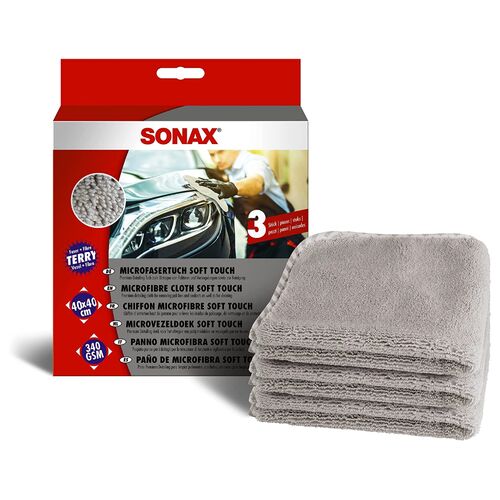 SONAX Microfaser Tuch Soft Touch набір серветок з мікрофібри 40х40 см 340 gsm 3 шт, зображення 3