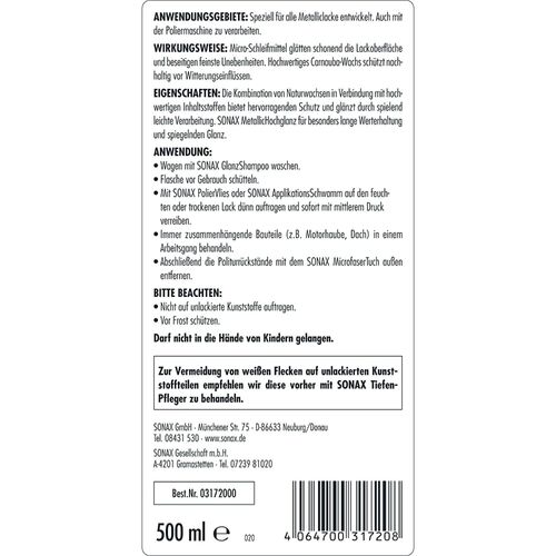 SONAX Metallic Hochglanz полироль металлик с воском 250 мл, Количество: 250 мл, изображение 6