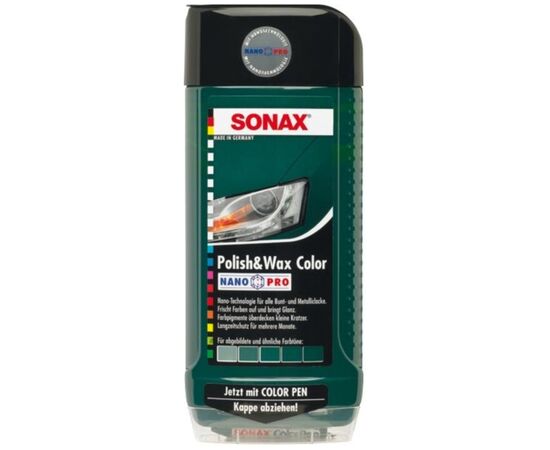 SONAX Polish +Wax Color зелений поліроль тефлон з воском 500 мл, Колір: Зелений, Обʼєм: 500 мл