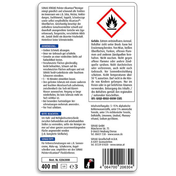 SONAX XTREME Polster+Alcantara Reiniger очисник для оббивки салону та алькантари 400 мл, зображення 11