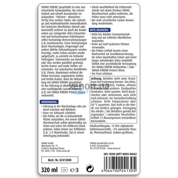 SONAX XTREME Spray Polish пінний очищувач кузова з блиском 320 мл, зображення 2