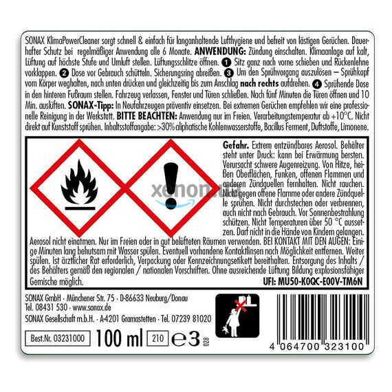 Очиститель кондиционера с антибактериальным эффектом SONAX Klima Power Cleaner AirAid, 100 мл (323100), изображение 3 Очиститель кондиционера с антибактериальным эффектом SONAX Klima Power Cleaner AirAid, 100 мл (323100), изображение 3