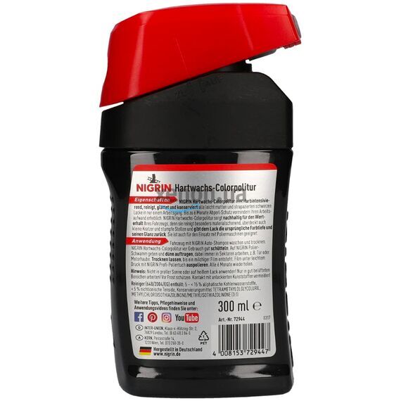 NIGRIN Hartwachs-Colorpolitur Schwarz черный одношаговый полироль с PTFE 300 мл, Цвет: Черный, Объем: 300 мл, изображение 2