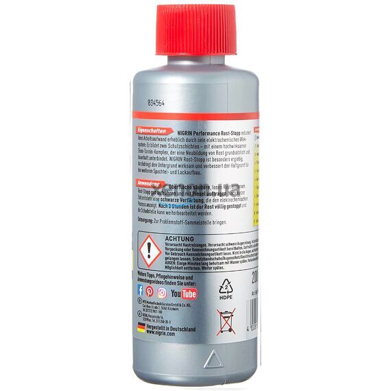 NIGRIN Performance Rost-Stopp высокоэффективный экономный 3-часовой удалитель ржавчины с индикатором (Германия) 200 мл с кистью в комплекте, изображение 2