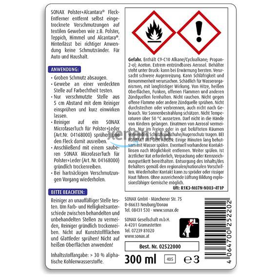 SONAX XTREME Polster + Alcantara Fleckentferner сухая химчистка ткани и алькантары 300 мл, изображение 5