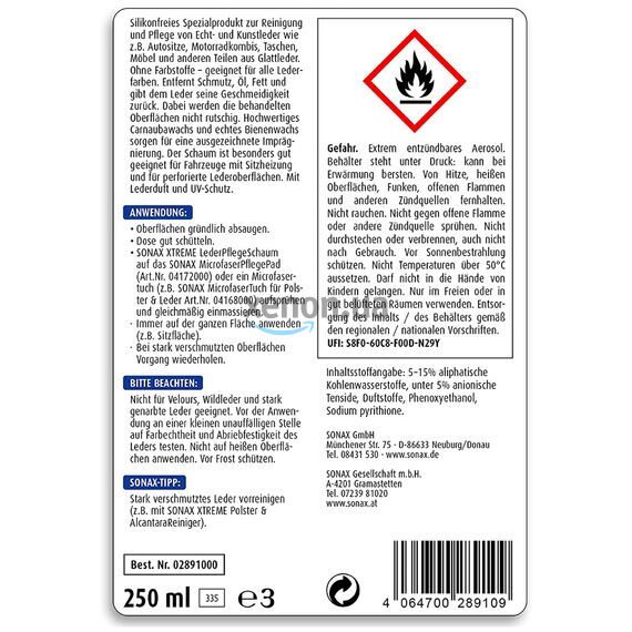 SONAX XTREME Leder PflegeSchaum пенный очиститель кожи 250 мл, изображение 10