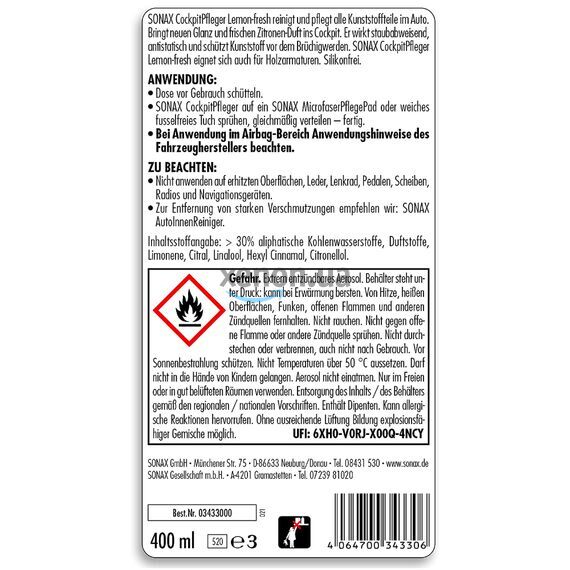 SONAX Cockpitpfleger - lemon-fresh очиститель-полироль пластика глянцевый (лимон) 400 мл, изображение 6