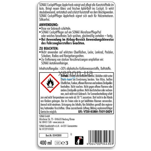 SONAX Cockpitpfleger - apple-fresh очиститель-полироль пластика глянцевый (яблоко) 400 мл, изображение 6