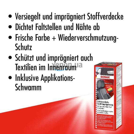 SONAX Soft Top + Fabric Water Proof Impregnation средство для защиты мягкой крыши кабриолета с аппликатором 250 мл, изображение 7