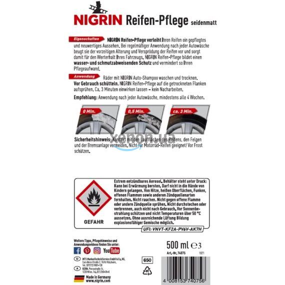 NIGRIN Reifen-Pflege пенный чернитель протектант для покрышек 500 мл, изображение 2