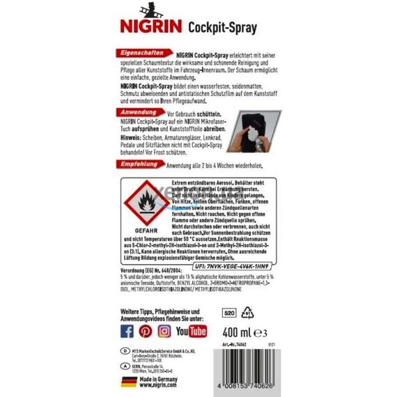 NIGRIN Cockpit-Spray Vanille пенный 45-дневный очиститель протектант для пластика ваниль 400 мл, изображение 5