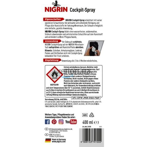 NIGRIN Cockpit-Spray Apfel пенный 45-дневный очиститель протектант для пластика морской бриз 400 мл, изображение 5