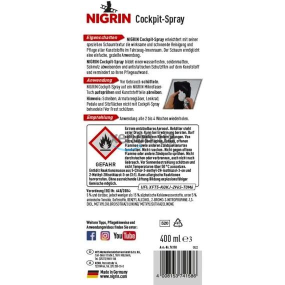 NIGRIN Cockpit-Spray Meeresbrise пенный 45-дневный очиститель протектант для пластика морской бриз 400 мл, изображение 5