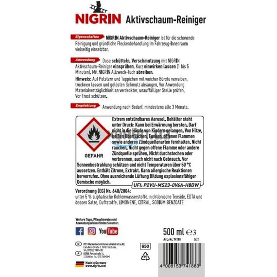 NIGRIN Aktivschaum-Reiniger универсальная активная пена для химчистки ткани, кожи и пластика 500 мл, изображение 2