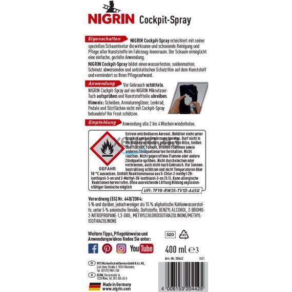 NIGRIN Cockpit-Spray Berries & Cream пенный 45-дневный очиститель протектант для пластика ягоды и крем 400 мл, изображение 5