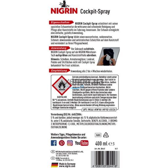 NIGRIN Cockpit-Spray Cedar & Musk пенный 45-дневный очиститель протектант для пластика кедр и муск 400 мл, изображение 5