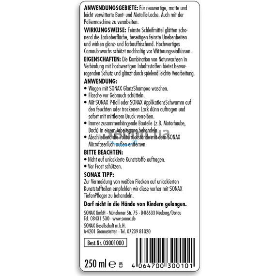 SONAX Auto Politur финишный полироль с воском для авто 250 мл, Объем: 250 мл, изображение 7