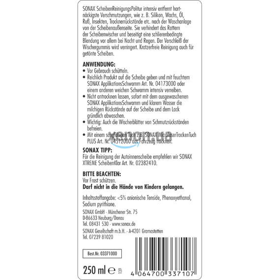 SONAX Scheiben Reinigungs Politur intensiv полироль для глубокой очистки стекла 250 мл, изображение 5